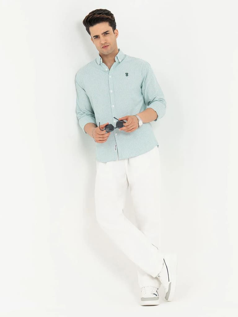 Shirts for Men in Green | Striped Oxford Full Sleeve Casual Shirt — photo 5