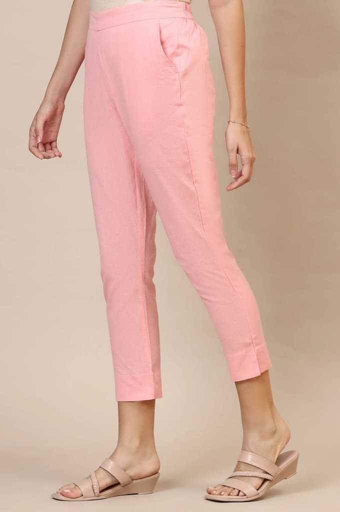 Pink Solid Slim Fit Cotton Trousers With Elasticated Waist — photo 2