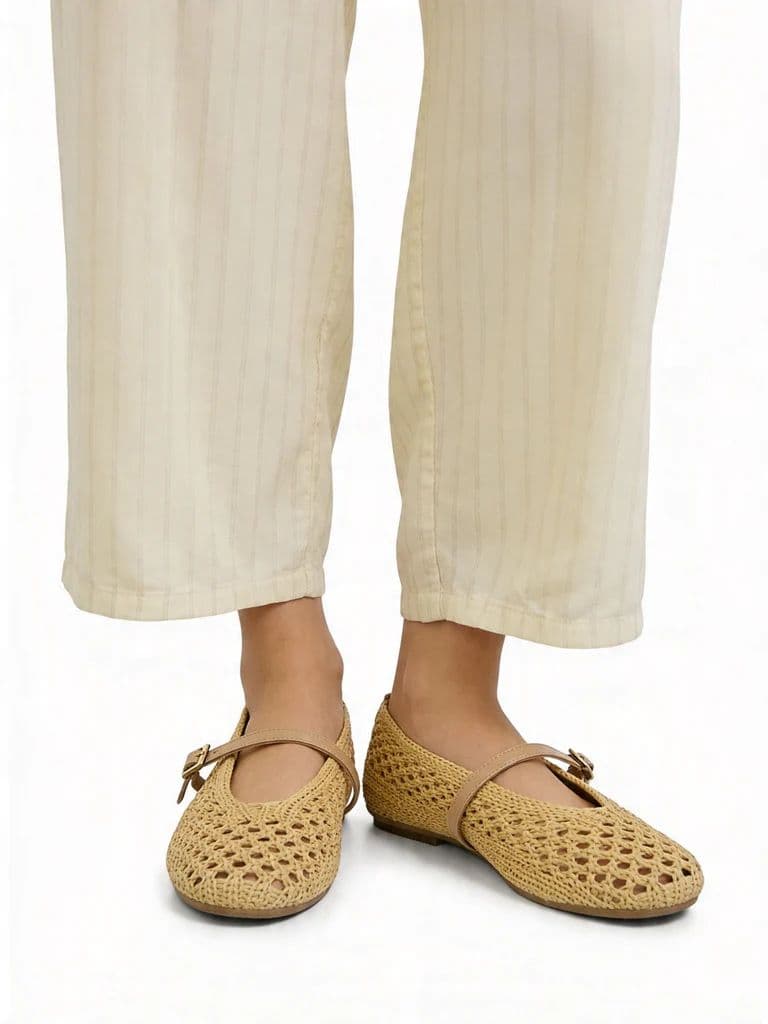 LUNA BLU Beige Natural Raffia Flat Ballerina