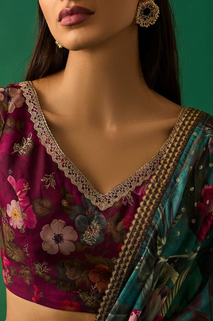 Green Floral Printed Embroidered Sequined Organza Saree with Unstitched Blouse — photo 5