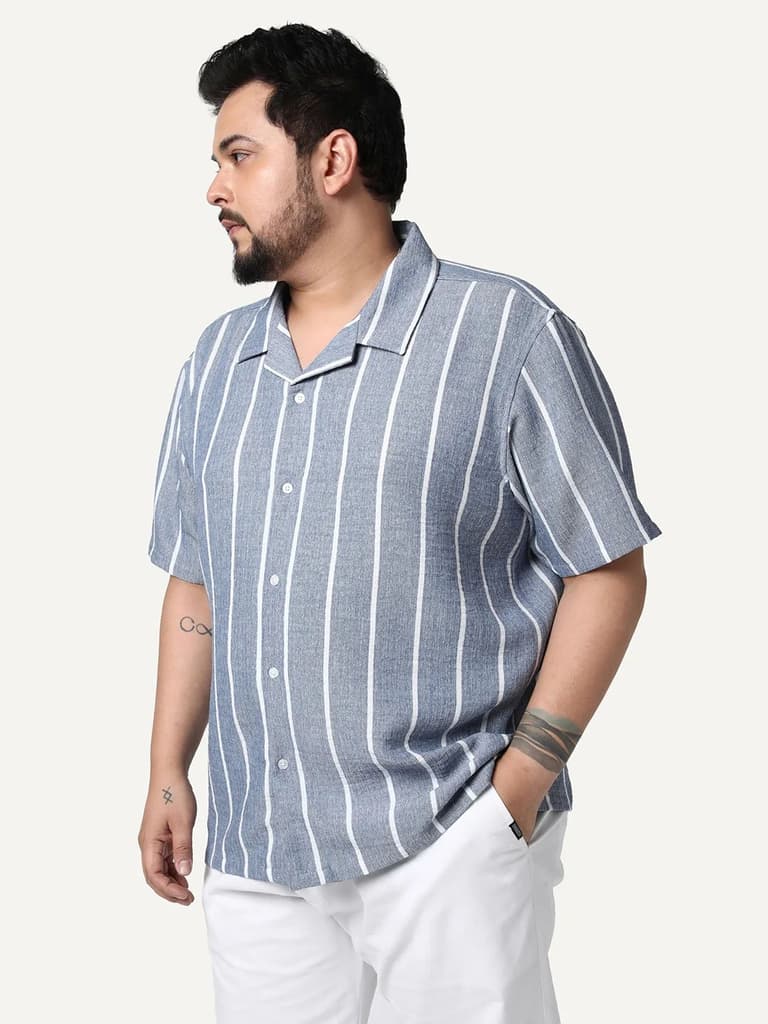 Plus Men's Blue Cotton Half Sleeve Relaxed Fit Linen Striped Shirt with Cuban Collar — photo 2