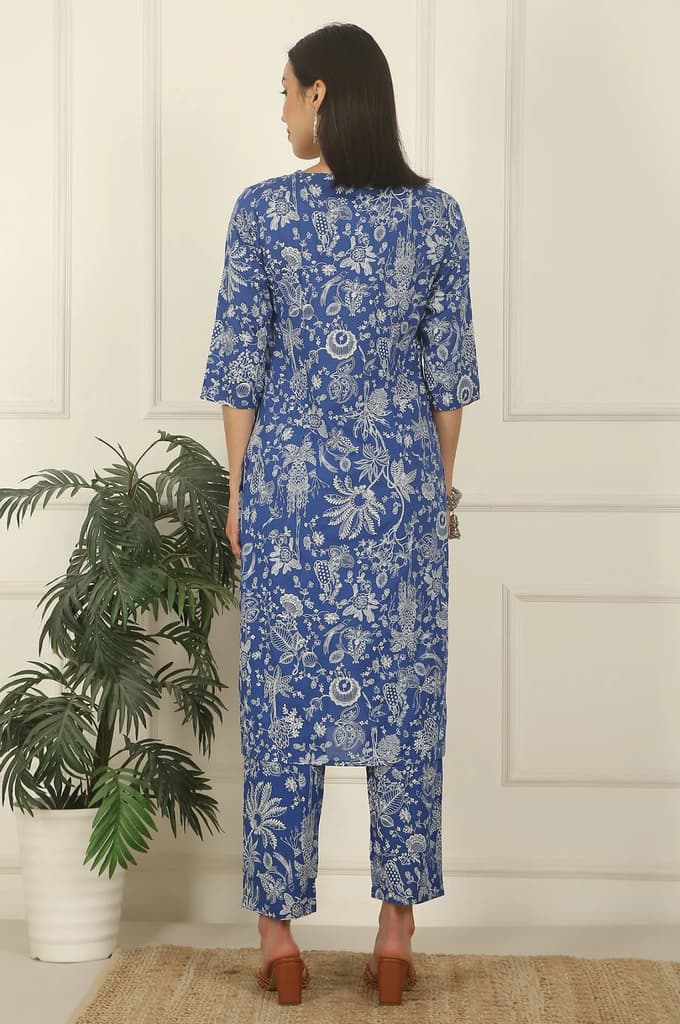 Blue Floral Printed Modal Straight Kurta and Pants Co-ord Set — photo 6
