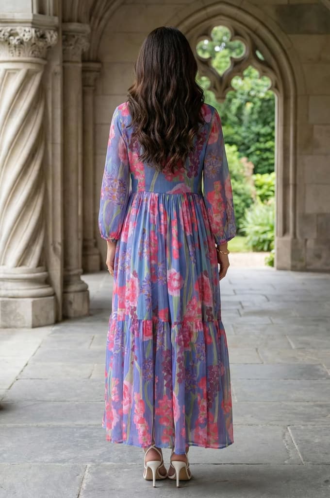Blue Floral Printed Chiffon Flared Dress — photo 6