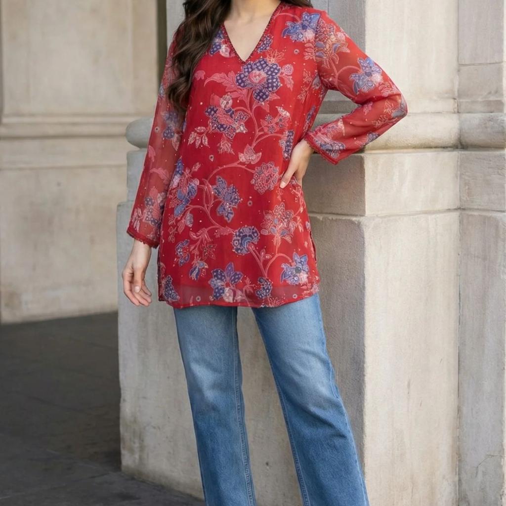 Red Floral Printed Chiffon Straight Top