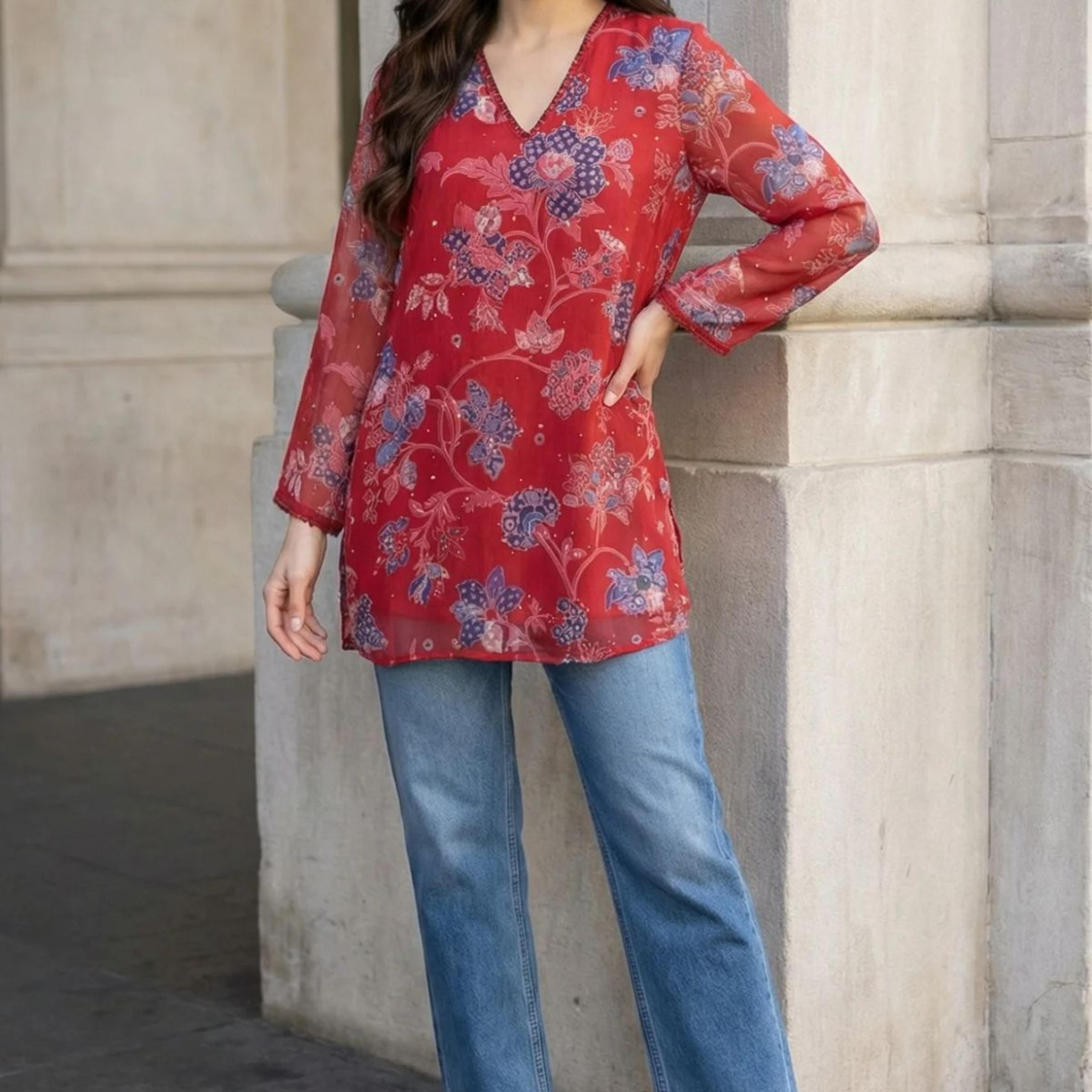 Red Floral Printed Chiffon Straight Top