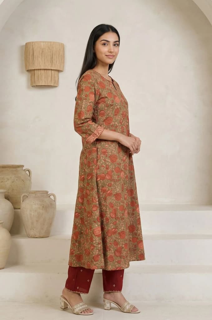 Olive Floral Printed Beadwork Pure Cotton Straight Kurta — photo 5