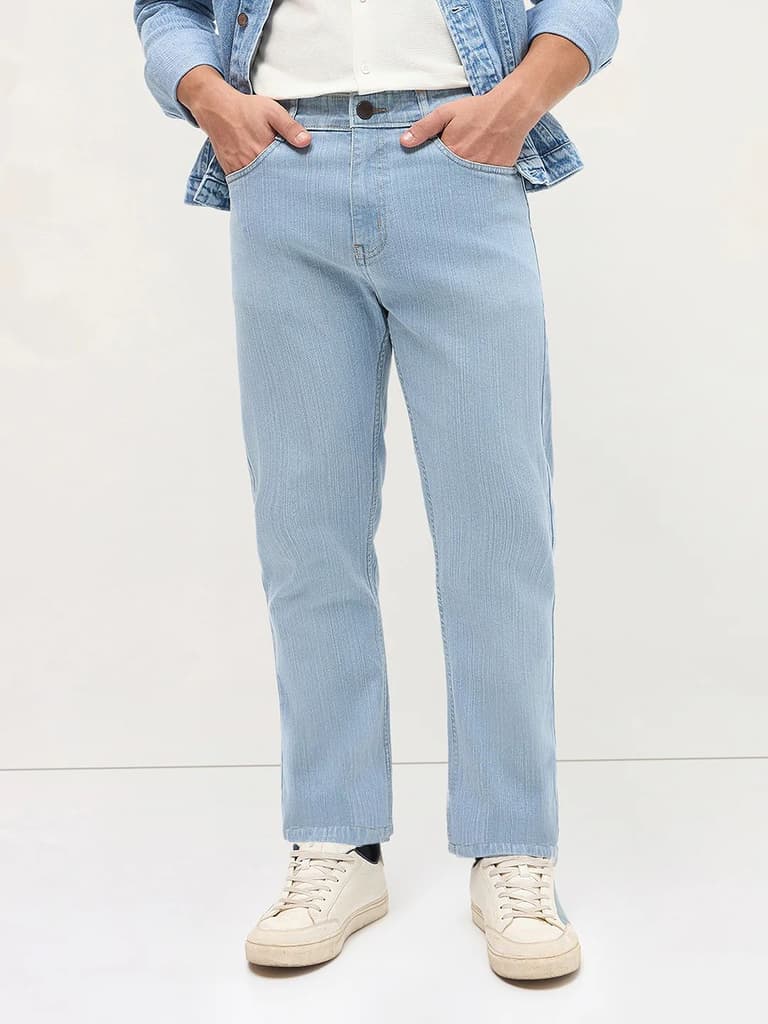 Men's Ice Blue Straight Fit Washed Denim Jeans Stretchable — photo 2