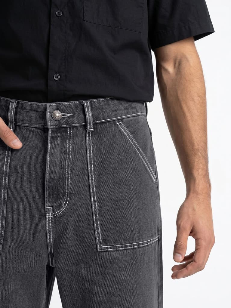 Men's Dark Grey Loose Baggy Fit Washed Denim Jeans Non-Stretchable — photo 5