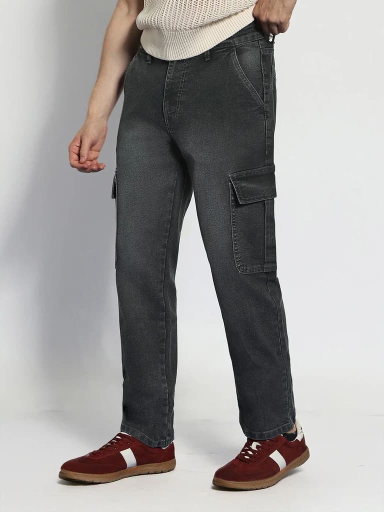 Men's Grey Regular Fit Washed Cargo Jeans With 6 Pockets Stretchable — photo 2