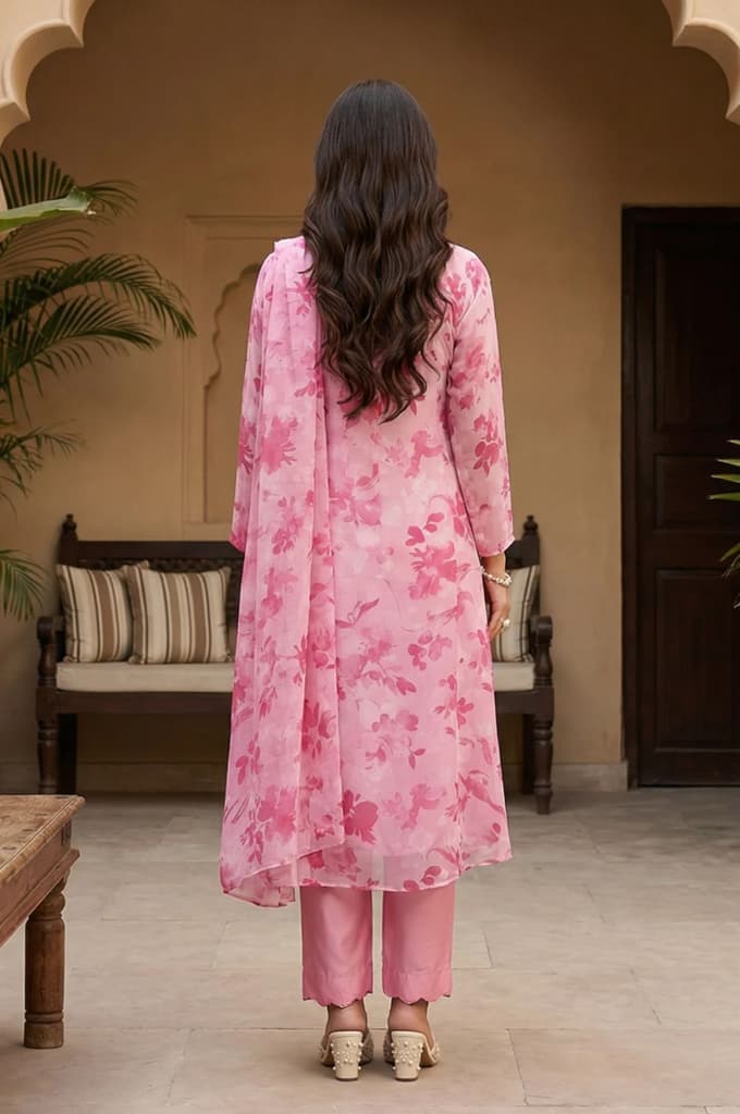Pink Floral Printed Organza Straight Kurta with Pants and Dupatta Set — photo 4