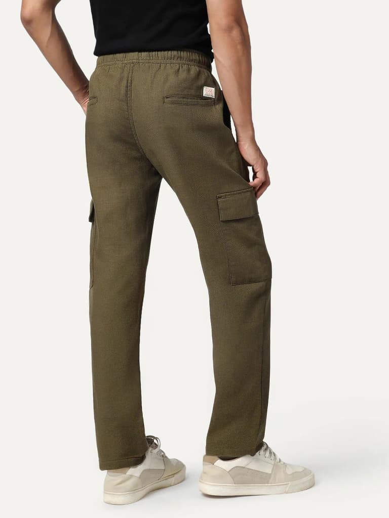 Men's Olive Straight Fit Linen Cargo Pants with 6 Pockets — photo 3