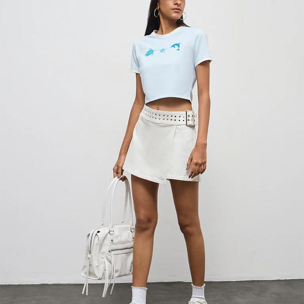 Nuon White Stud Detailed High-Rise Denim Skorts