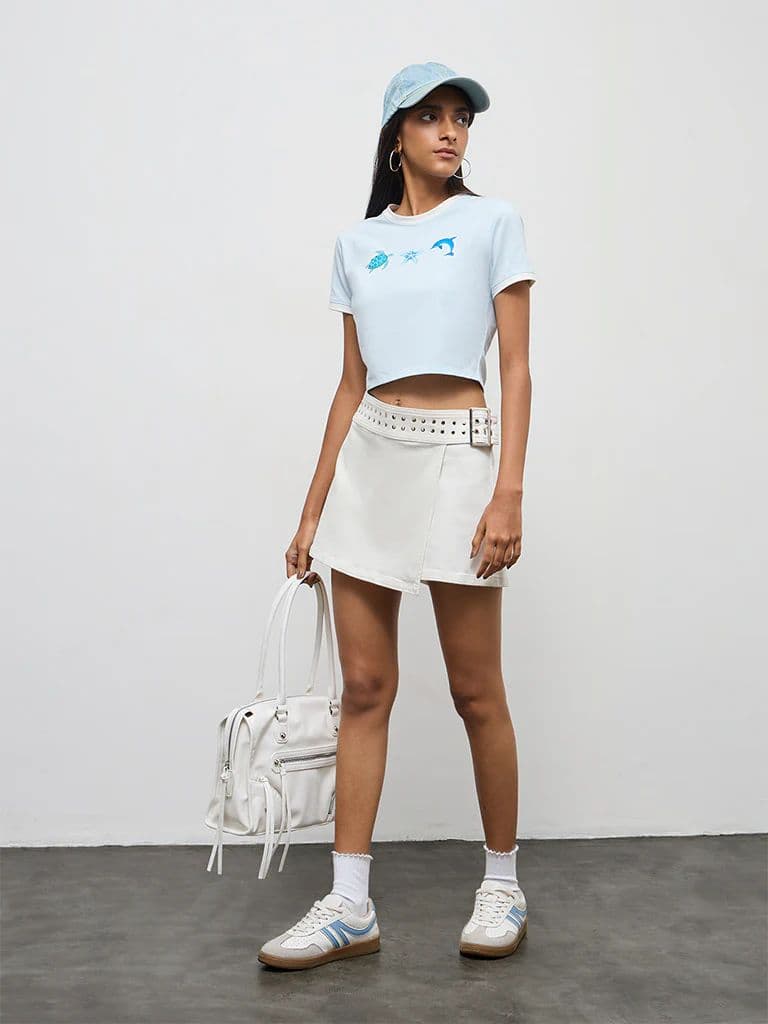 Nuon White Stud Detailed High-Rise Denim Skorts