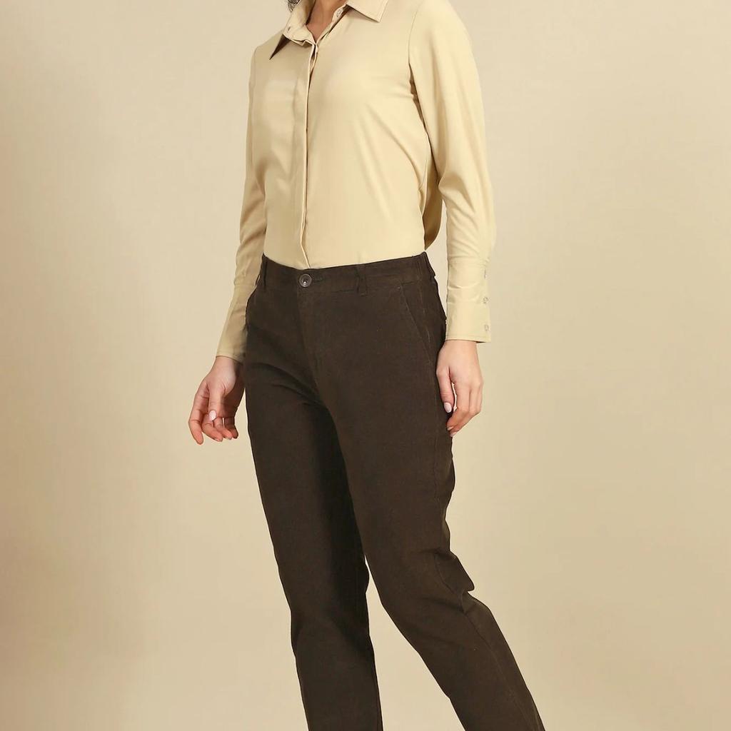 Dark Brown Solid Straight-fit Cotton Pants with YKK Zipper