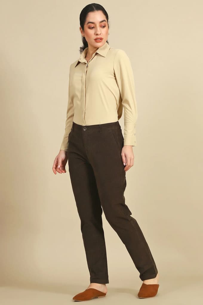 Dark Brown Solid Straight-fit Cotton Pants with YKK Zipper