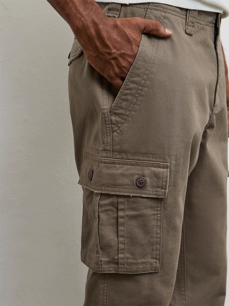 WES Casuals Dark Taupe Relaxed-Fit Mid-Rise Cotton Cargo Pants — photo 4