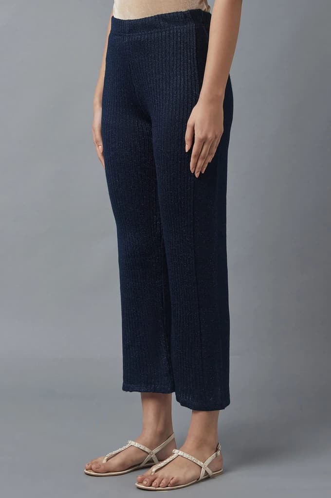 Navy Blue Solid Boot Cut Acrylic Palazzo With Elasticated Waist — photo 3