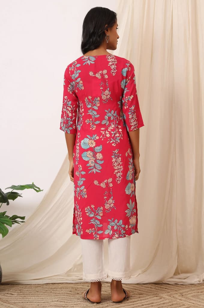 Pink Floral Printed Modal Straight Kurta — photo 6