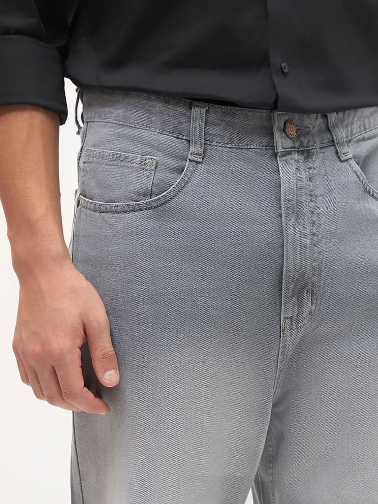 Men's Light Grey Loose Baggy Fit Heavy Washed Faded Denim Jeans Non-Stretchable — photo 5