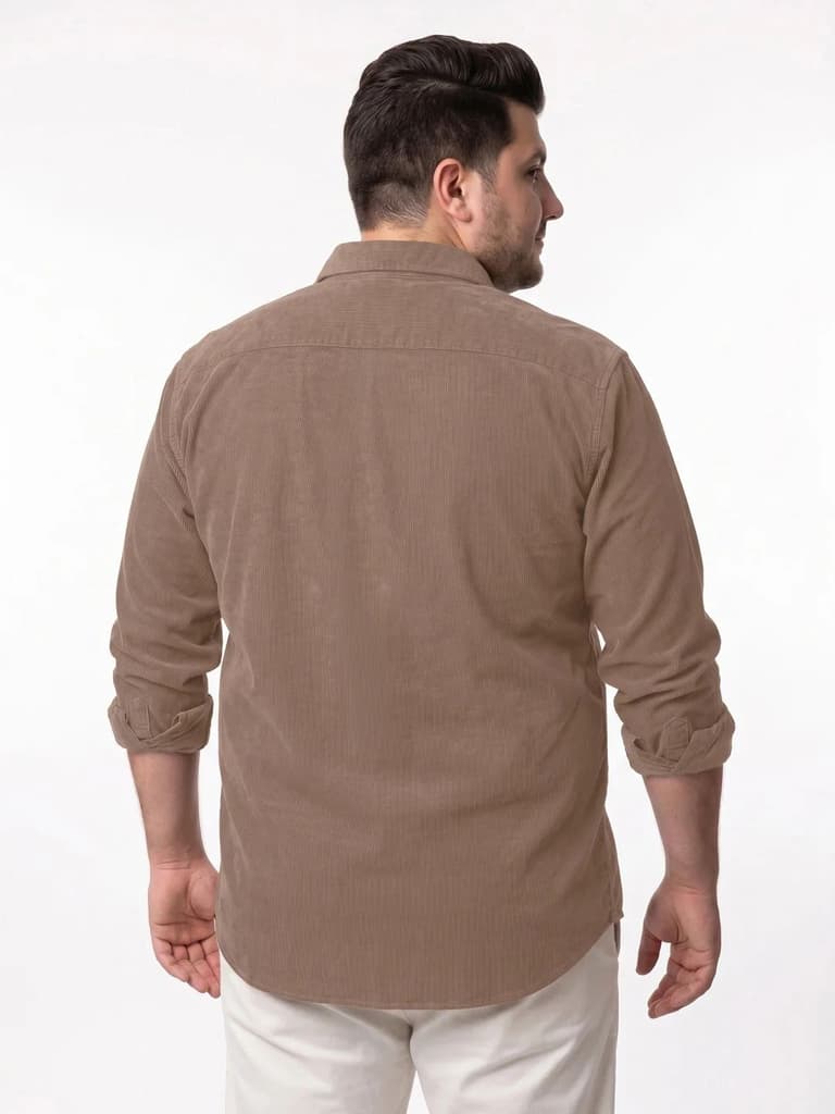 Plus Men's Taupe Corduroy Full Sleeve Regular Fit Solid Overshirt with Utility Pockets — photo 3