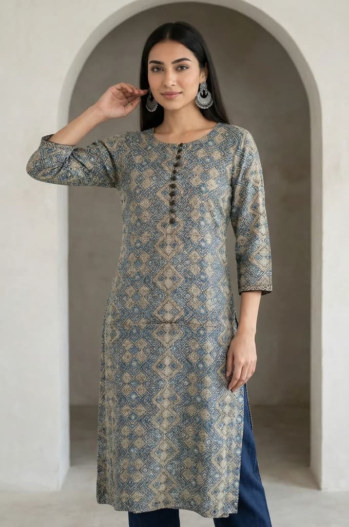 Beige Ajrak Printed Mirror Work Modal Satin Straight Kurta — photo 3