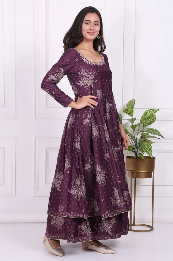Purple Floral Printed Embroidered Anarkali Kurta with Dupatta Set — photo 6