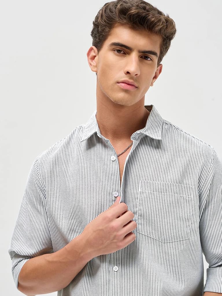 Men's Light Grey Cotton Full Sleeve Regular Fit Casual Striped Shirt — photo 6