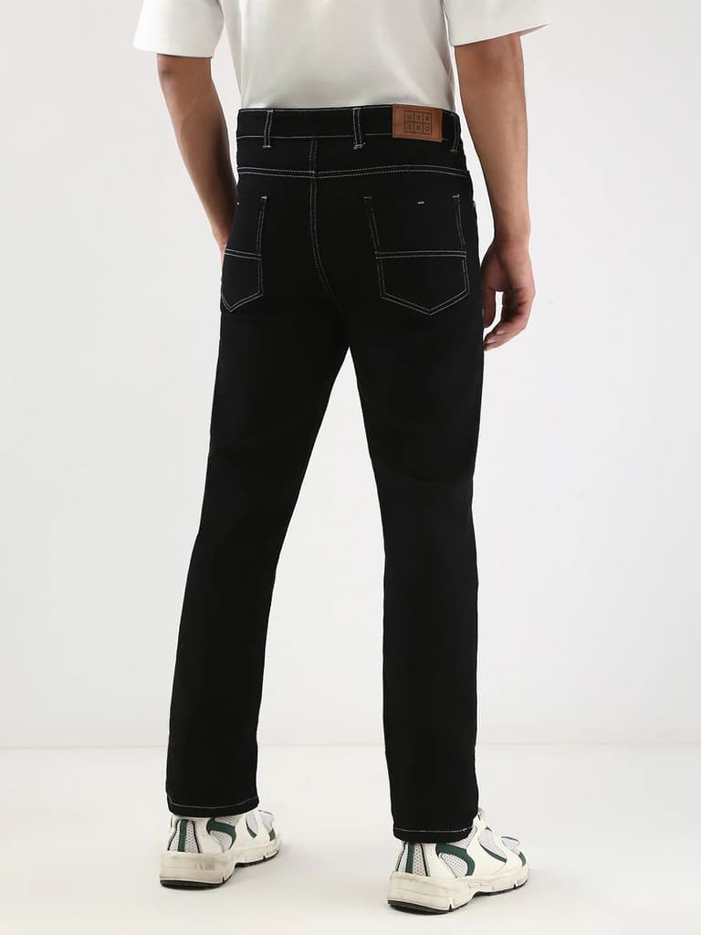 Men's Black Straight Fit Washed Jeans Stretchable — photo 3