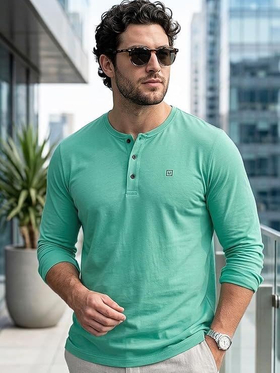 Men's Teal Green Solid Henley Neck Slim Fit Full Sleeve Cotton T-Shirt — S / Teal Green
