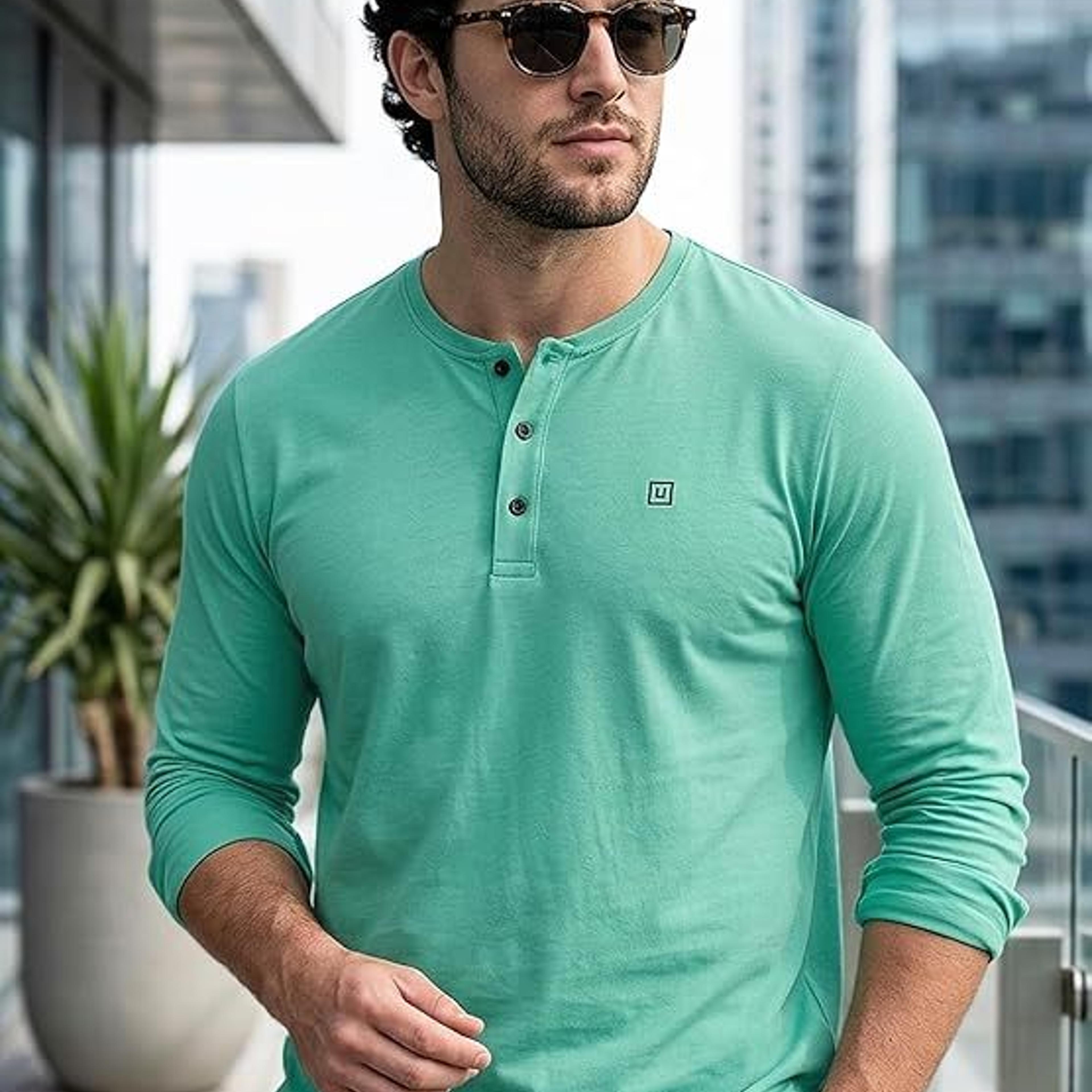 Men's Teal Green Solid Henley Neck Slim Fit Full Sleeve Cotton T-Shirt