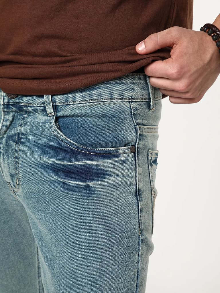 Men's Ice Blue Bootcut Fit Mid Rise Acid Wash Jeans Stretchable — photo 5