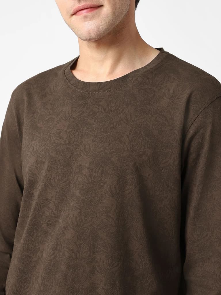 Men's Chicory Coffee Printed Full Sleeve Slim Fit Cotton T-Shirt — photo 6