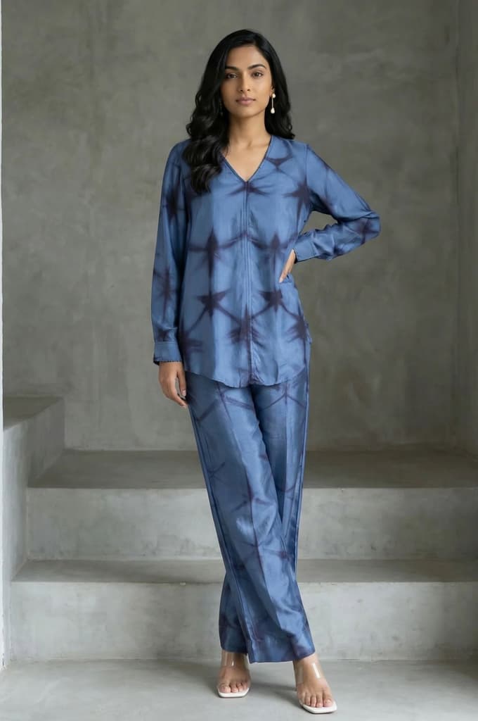Blue Shibori Printed Satin Straight Top with Pants Co-ord Set — XS