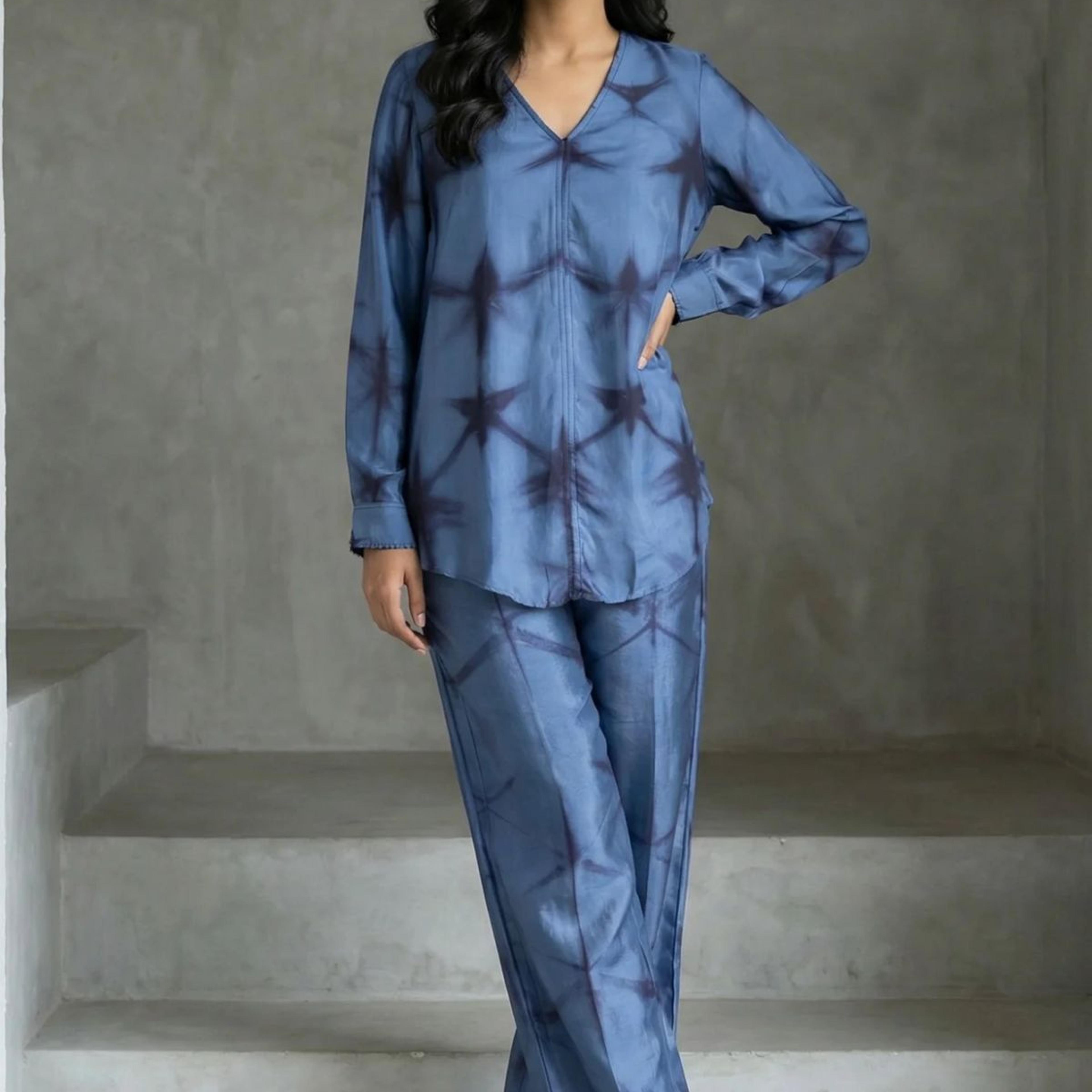 Blue Shibori Printed Satin Straight Top with Pants Co-ord Set