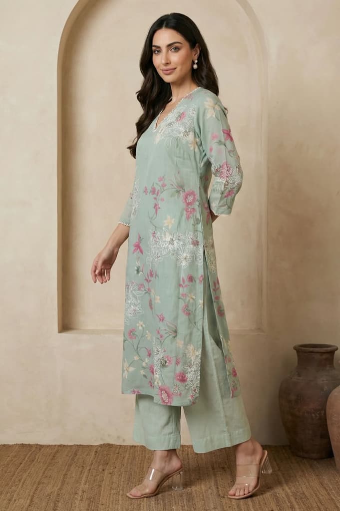 Sea Green Floral Printed Embroidered Chanderi Straight Kurta — photo 4