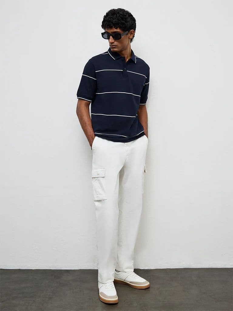 WES Casuals Off-White Relaxed-Fit Mid-Rise Cotton Cargo Pants