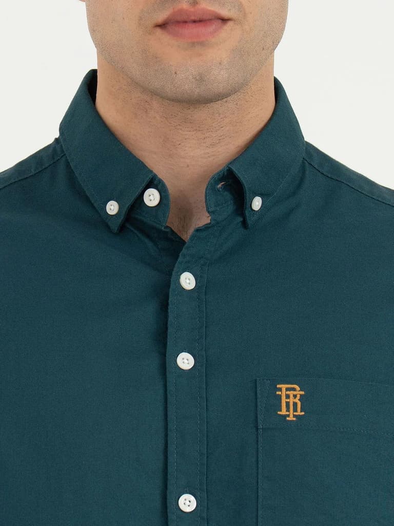 Shirts for Men in Teal | Solid Oxford Full Sleeve Casual Shirt — photo 4