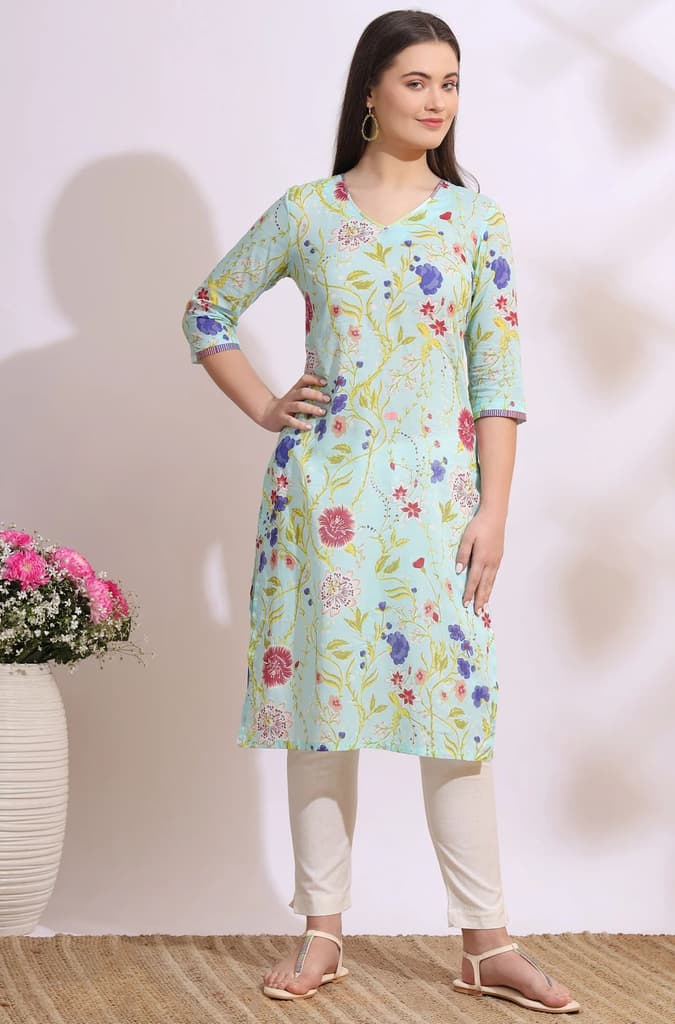 Light Blue Floral Printed Pure Cotton Straight Kurta — photo 3