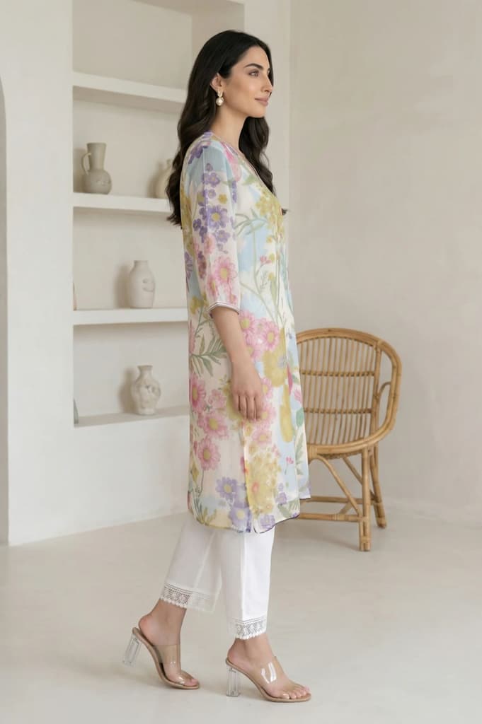 Off White Floral Printed Chiffon Straight Kurta — photo 6