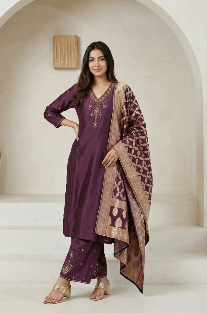 Purple Embroidered Zari Work Silk Blend Straight Kurta with Parallel Pants and Dupatta Set — XS