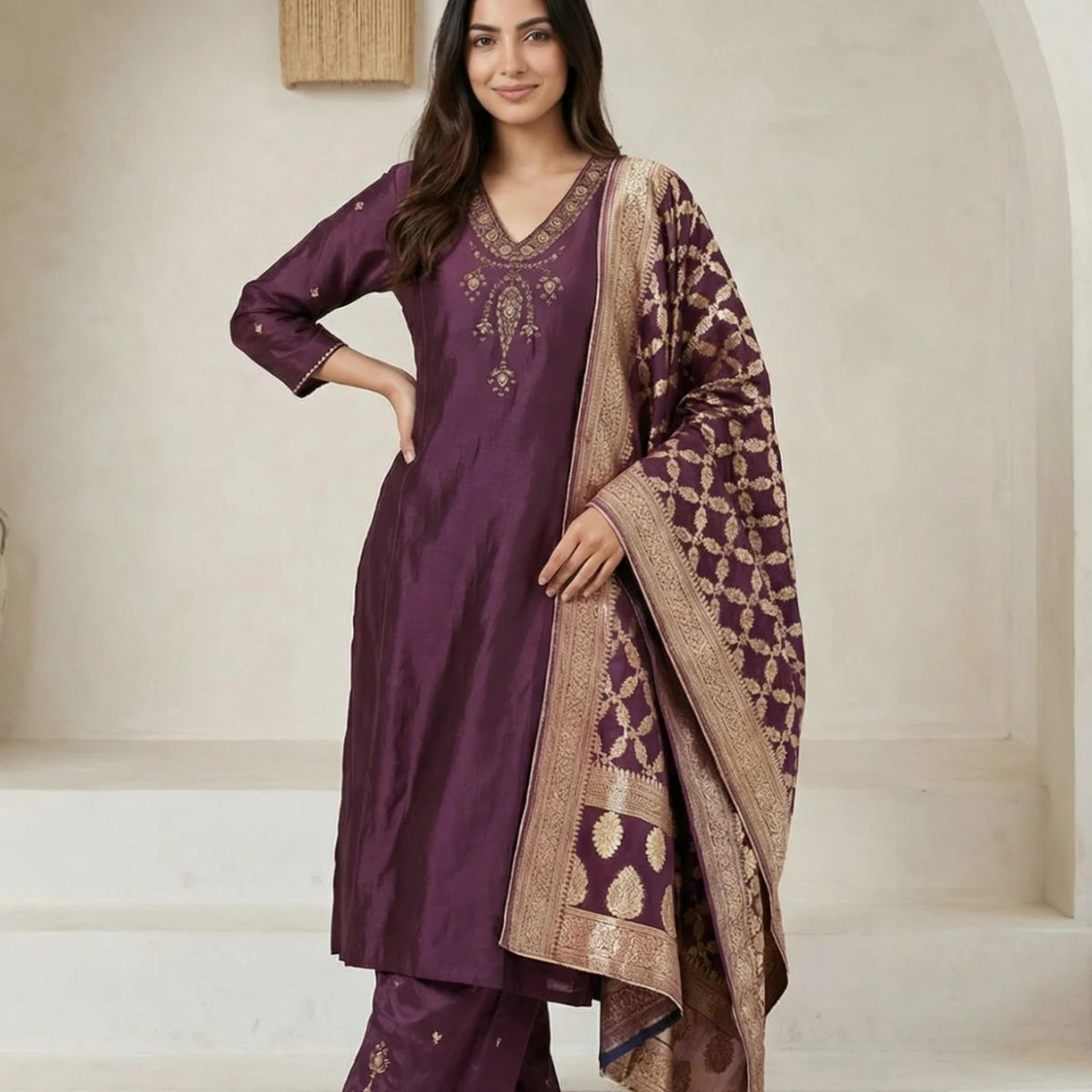 Purple Embroidered Zari Work Silk Blend Straight Kurta with Parallel Pants and Dupatta Set