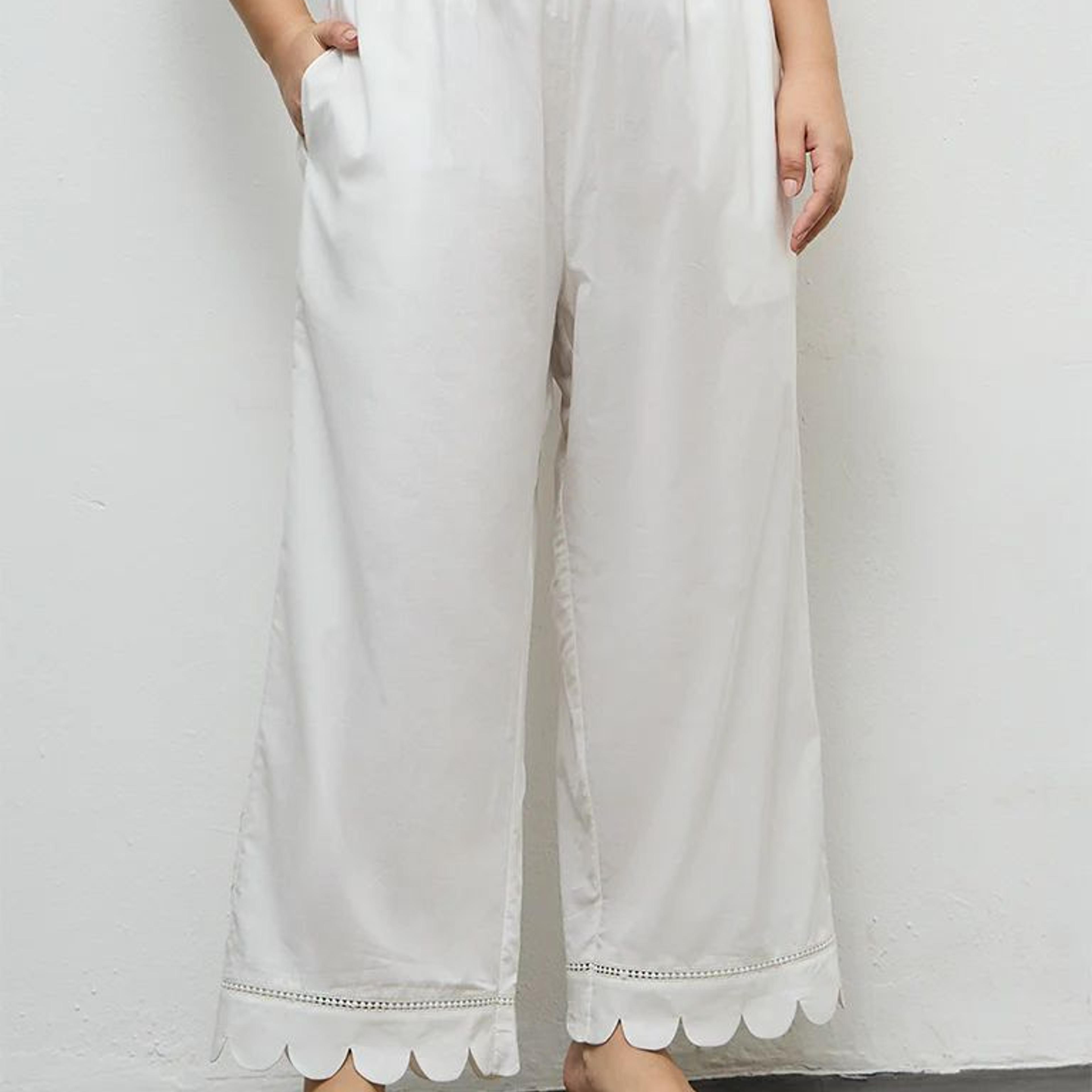 Diza Off-White Scallop-Detailed Cotton Pants