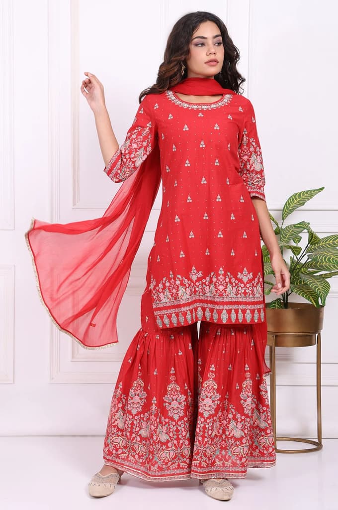 Red Floral Printed Embroidered Straight Cotton Kurta with Sharara and Dupatta Set — XS