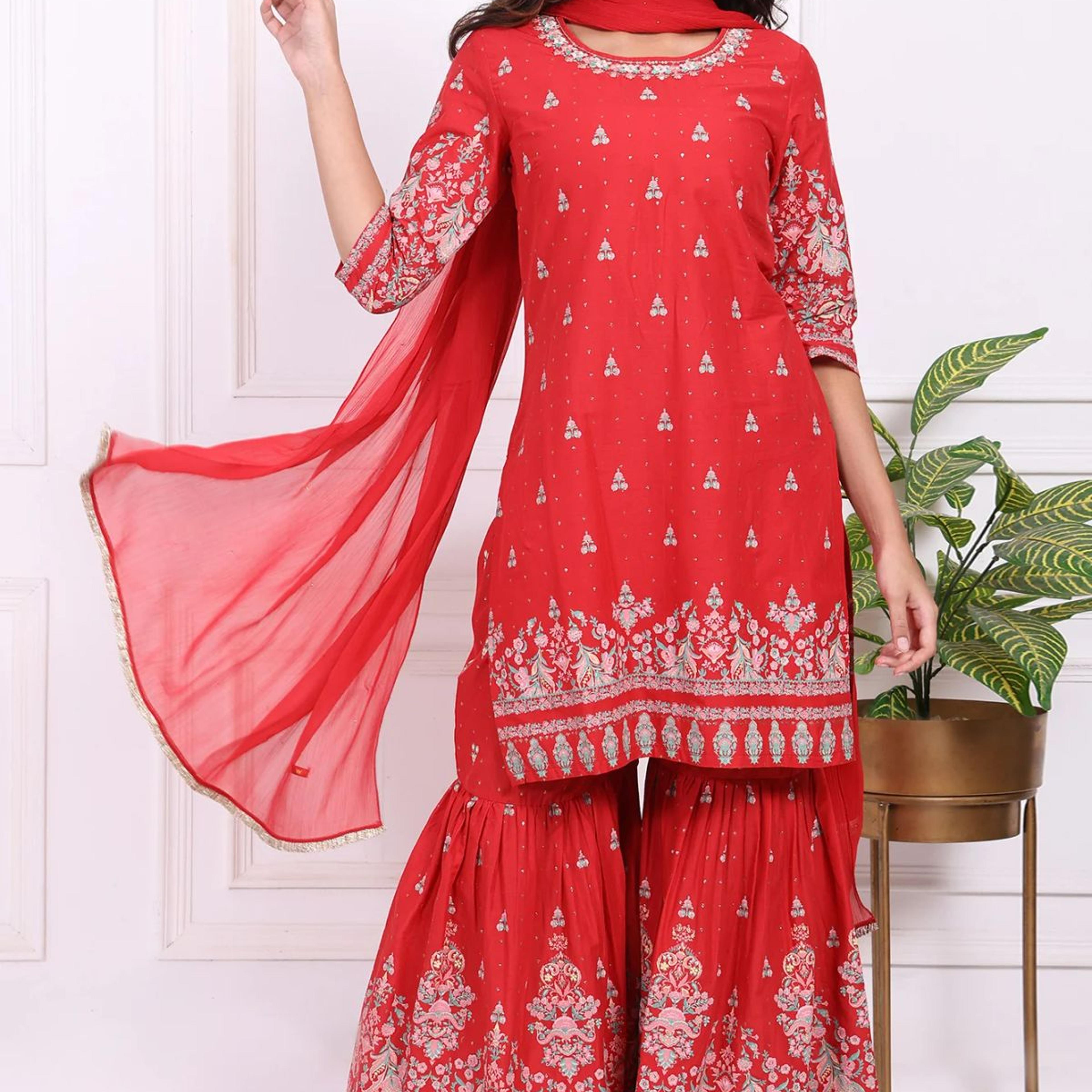 Red Floral Printed Embroidered Straight Cotton Kurta with Sharara and Dupatta Set