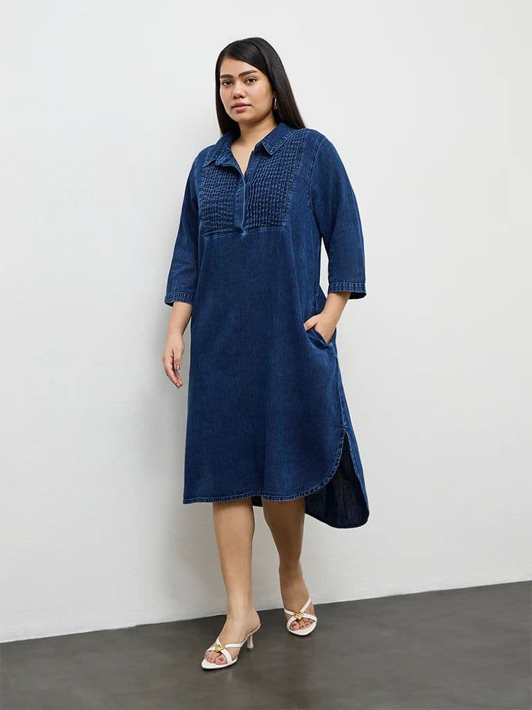 Gia Dark Blue Pintuck Denim A-Line Dress — photo 2