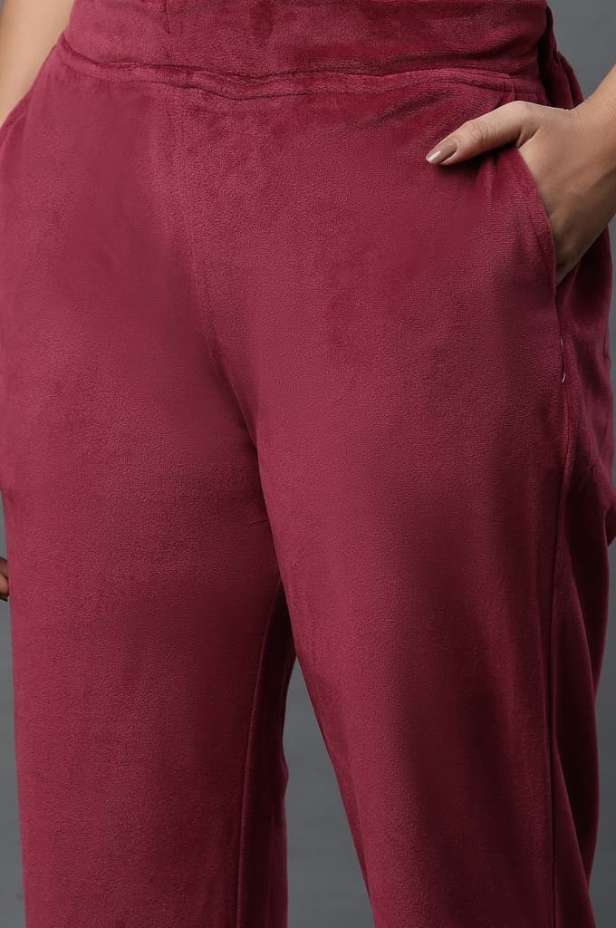 Maroon Solid Straight Fit Velvet Pants With Elasticated Waist — photo 7