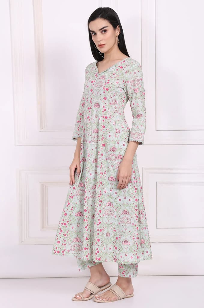 Light Green Floral Printed Lace Trim Anarkali Cotton Kurta with Straight Pant and Dupatta Set — photo 4