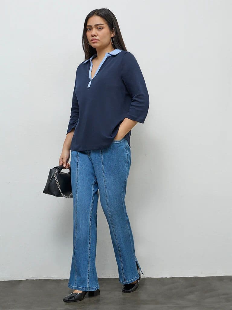 Gia Navy Contrast-Detail Cotton T-Shirt — photo 2