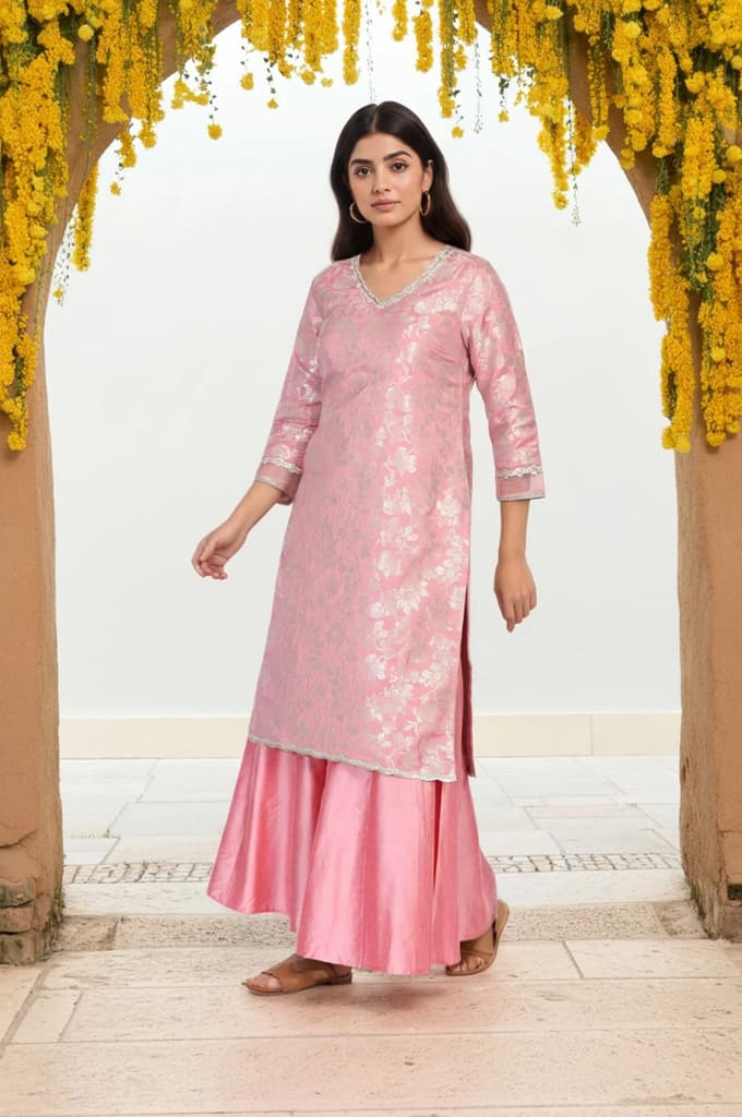 Pink Zari Jacquard Straight Kurta with Sharara and Dupatta Set — photo 7