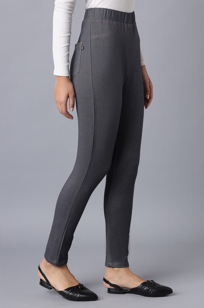 Grey Solid Skinny Fit Cotton Jeggings With Elasticated Waist — photo 4